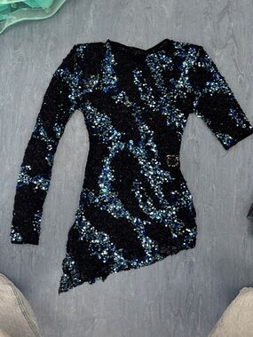 Black Sequin Asymmetric Mini Dresses with Blue Accents